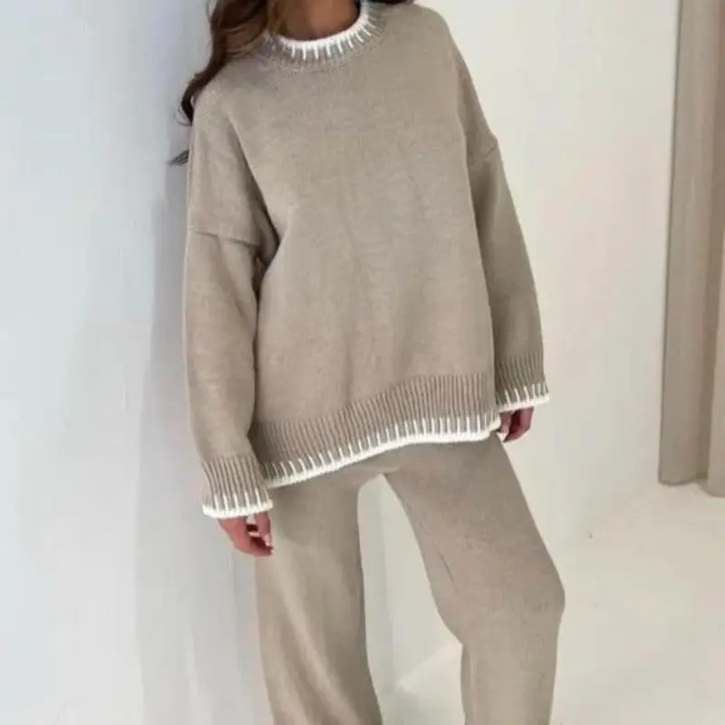 Women's Knitted Lounge Wear Ladies wide Leg Palazzo Top Trousers tracksuit Set 0