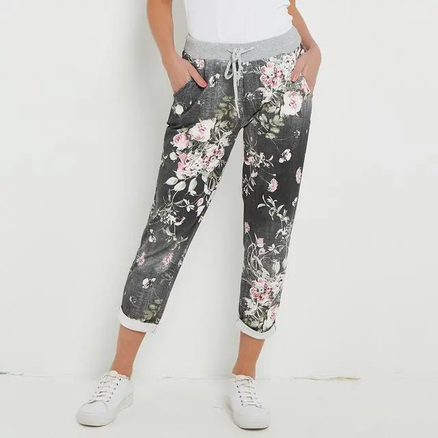 Womens Floral Print Turn Up Summer Bottoms Trousers Ladies Italian Joggers Pants 3