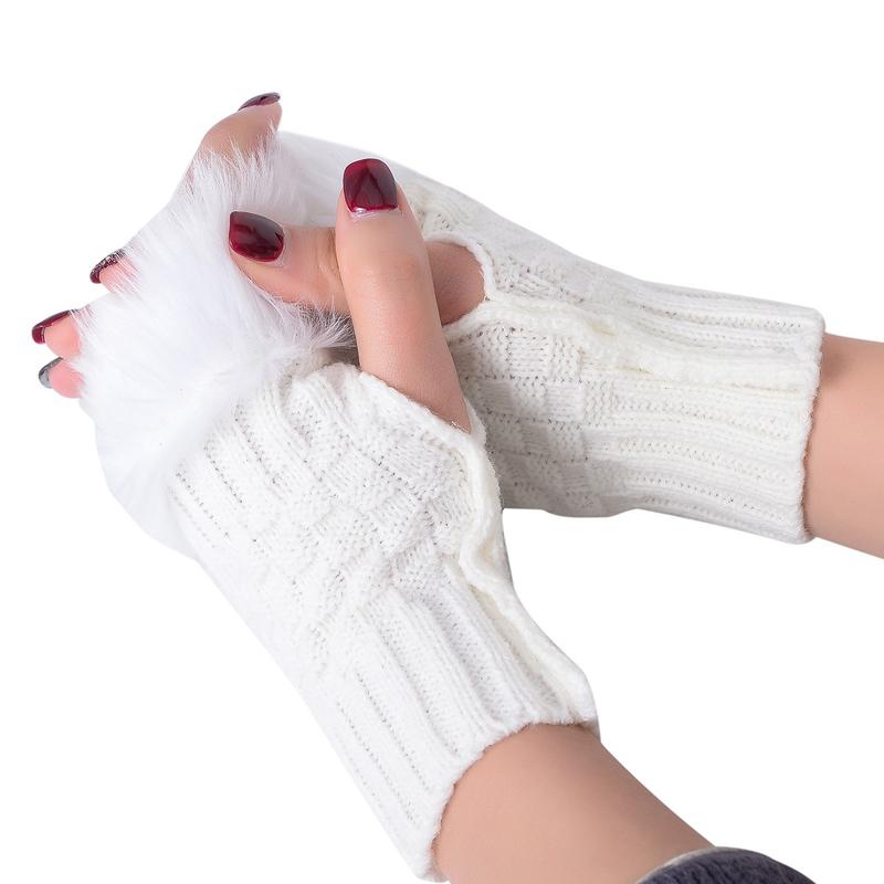 Women's Fur Fingerless Gloves with Faux Trim, Soft and Warm Knitted Mittens - Black, Coffee, Grey, White 4