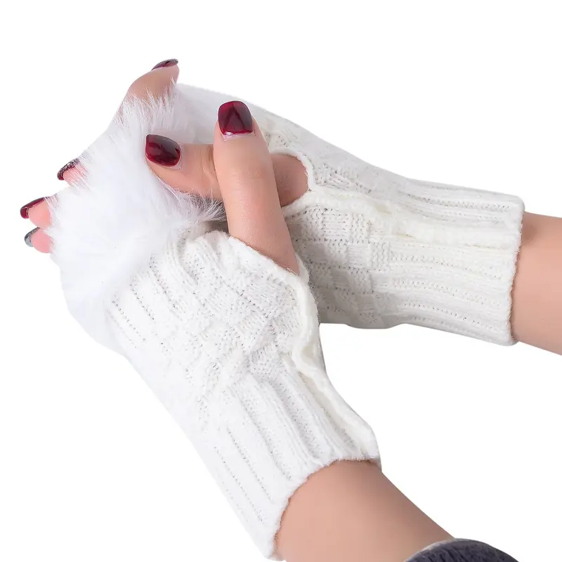 Women's Fur Fingerless Gloves with Faux Trim, Soft and Warm Knitted Mittens - Black, Coffee, Grey, White 4
