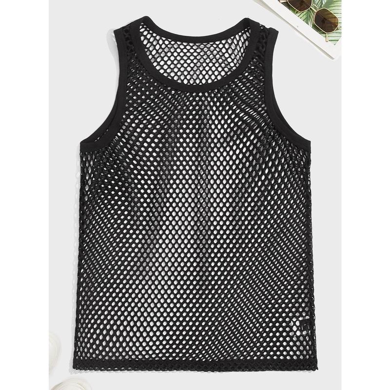 FeverCity Men Scoop Neck Sheer Sleeveless Tank Top, For Rave Outfit, Going Out, Boyfriend Gift Menswear Fabric 0