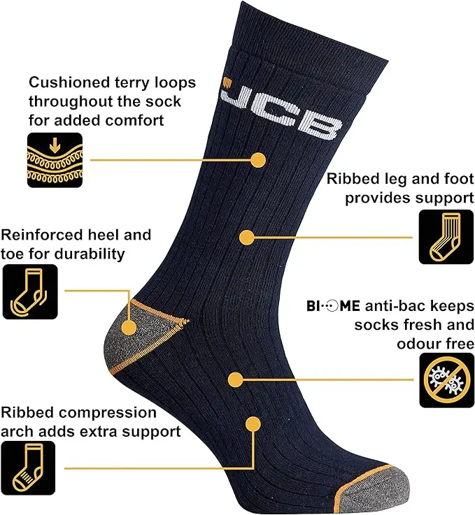 JCB Outdoor Activity Work Engineered Mens Socks | 3 Pack , UK Size 9 - 12 | For Boots & Shoes | 3 Colours: Navy, Grey & Black  (1 Pair of Each) 2