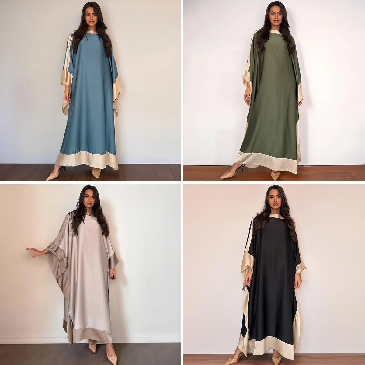 Women's Muslim Fashion Versatile Satin Scoop Neck Contrast Trim Abaya Dress,Islamic Clothing for Daily Wear,Elegant Long Sleeve Solid Dress for Spring & Fall,Color Matching Contrast Trim Muslim Womenswear,Comfort Minimalist Muslim Outfit for Lady