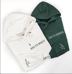 Custom Embroidered Roman Numeral Hoodie, Custom Date and Initial Hoodie, Anniversary Engagement Gifts, Valentine's Day Gifts for Couples Him, matching Christmas Gift for Couple machine  embroidery embroidery  business pullover