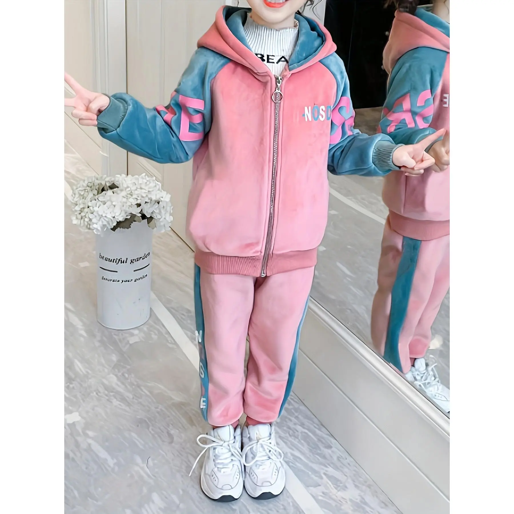 1 Set Thermal Lined Hoodie Coat and Matching Pants, Color-Block Zip-up Long Sleeve, Casual Girls Outfit for Fall/Winter Daily and Outdoor Wear, As Gifts