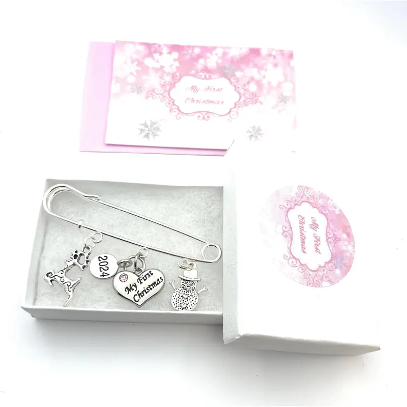 Baby Girl My First Christmas 2024 Baby Keepsake Charms with Gift Box and Gift Card - Reindeer and Snowman 2