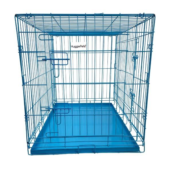 HugglePets Blue Metal Dog Puppy Cage Foldable Large 91cm Dual Door with Locks, Car Home and Travel Crate 2