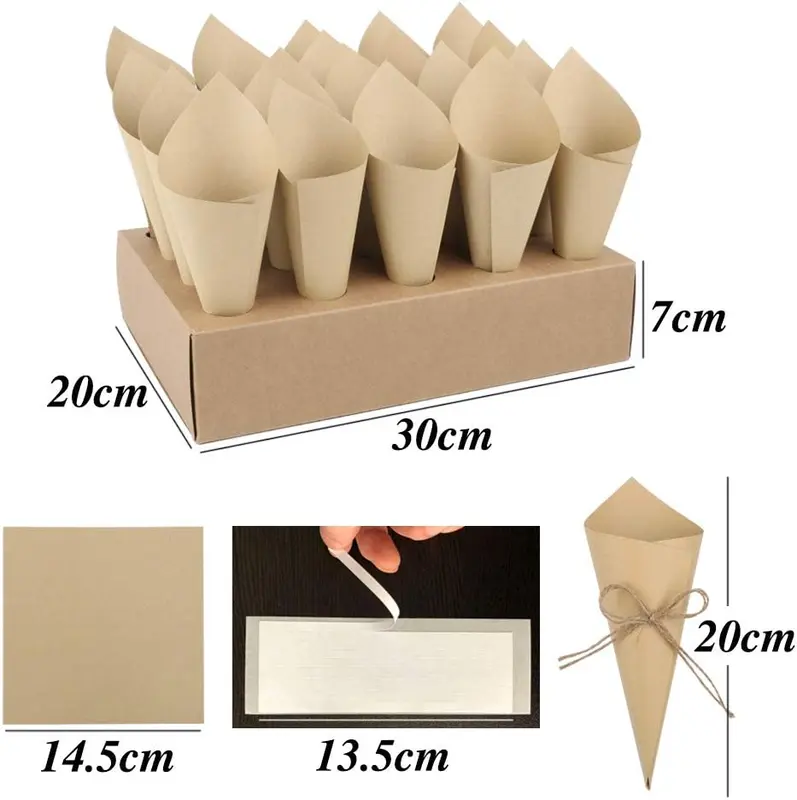 50Pcs Wedding Confetti Cones with Cones Tray Box Kraft Paper Cones Petals Bouquet Candy Chocolate Cones Holders for Wedding Party Favour Gifts, Include Hemp Ropes and Tape (Brown) 1