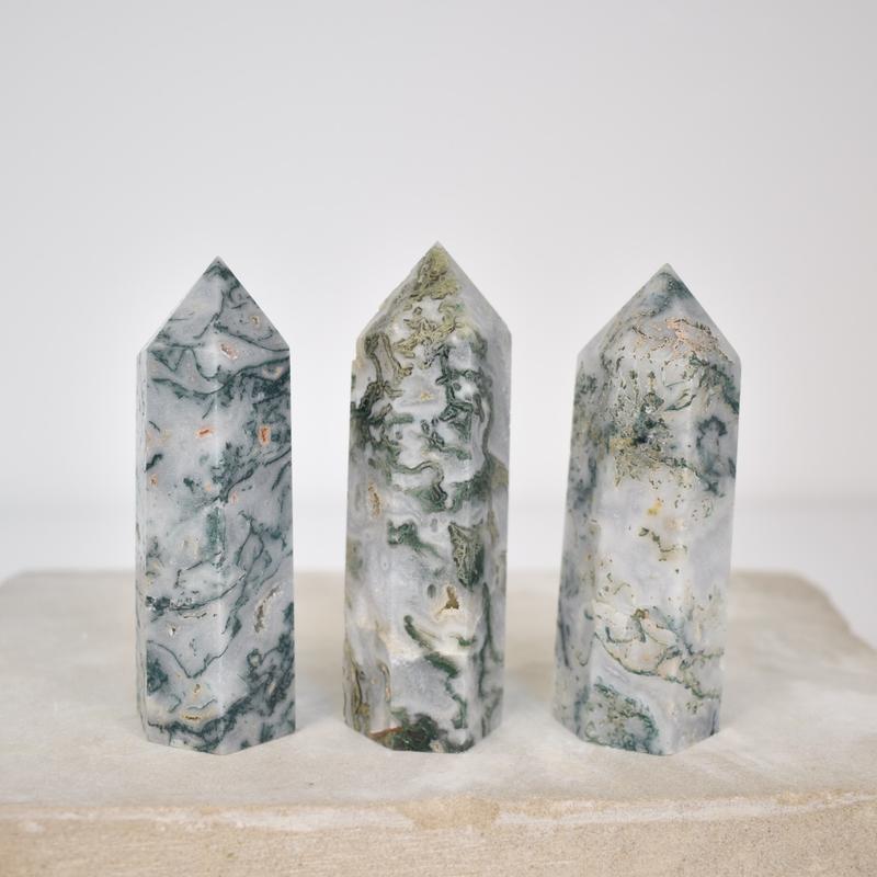 Moss Agate Tower, Green White Druzy Healing Crystal Moss Agate Tower with Quartz 2