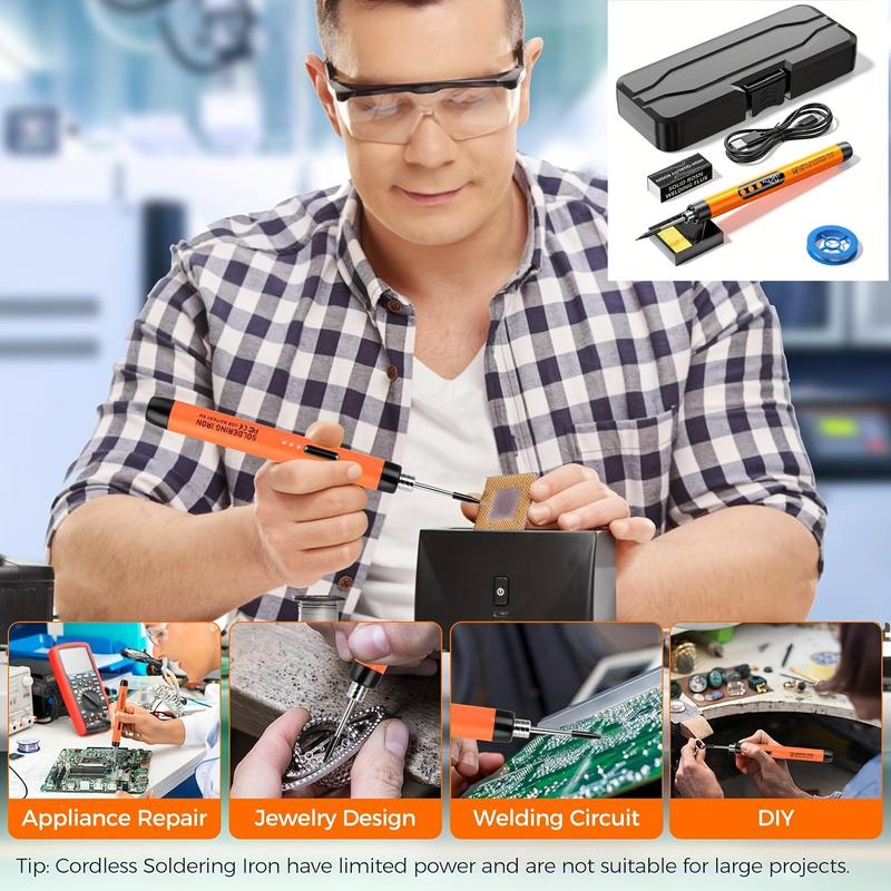 1pc Mini Cordless Soldering Iron Kit with Digital Display, 3 Temperature Settings, USB Rechargeable Portable Soldering Tool for Home Appliance Repair, Jewelry Crafting, DIY Projects - Plastic, Orange & Dark Grey, Compatible with PC 5