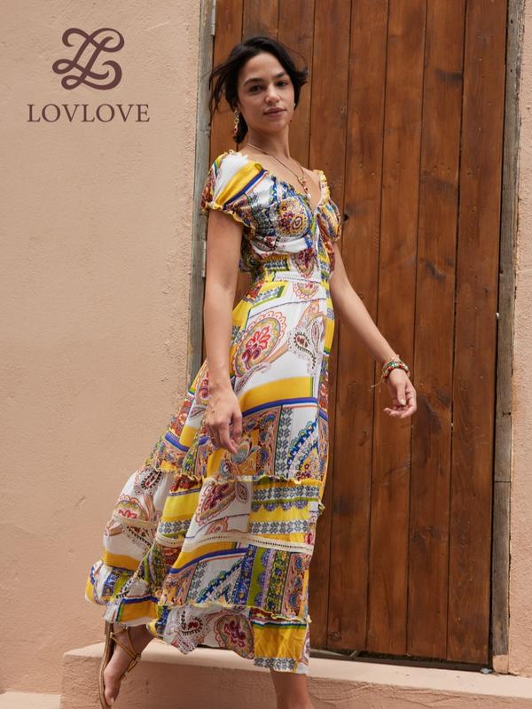 LovLove 1300 brand woman Floral print spaghetti ruffle hem off shoulder backless cami  asymmetric womens fashion bohemian dress 7