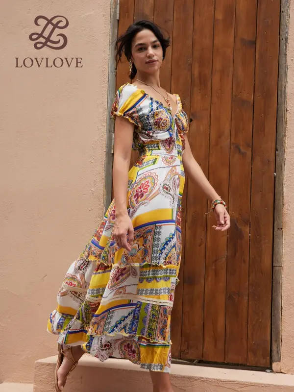 LovLove 1300 brand woman Floral print spaghetti ruffle hem off shoulder backless cami  asymmetric womens fashion bohemian dress 7