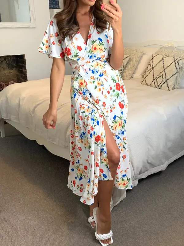 SilkFred Floral Wrap Midi Dress In White Casual Short Womenswear Feminine babydoll 2