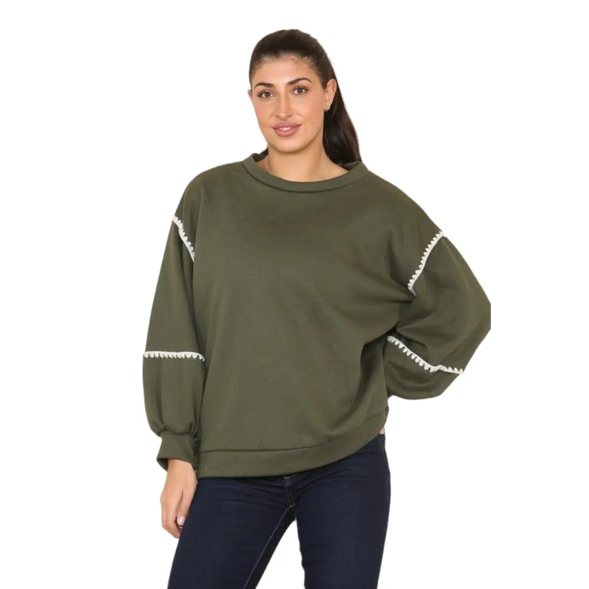 Women's Fleece Lined Contrast Stitching Sweatshirt One Size Fits UK 8-14 Round Neck Womenswear