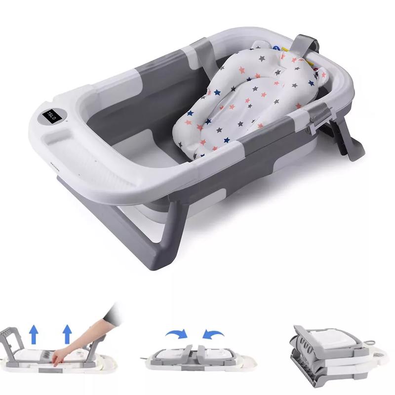 Foldable Baby Bath Tub Ergonomic with Temperature & Cushion Bath Pad + Bath Net 1