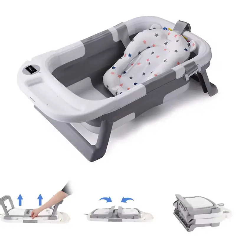Foldable Baby Bath Tub Ergonomic with Temperature & Cushion Bath Pad + Bath Net 1