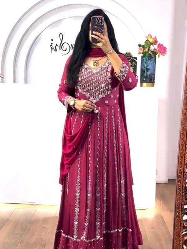 Luxury Embroidered Chinon Gown with Dupatta Comfort Outfit Traditional Women Womenswear Dress Dupatta Elegance Embroidery Elegant Soft Flared Flowy Formal Matching Party Piece Round Neck Sequins Sleeves Sleeves Statement 1
