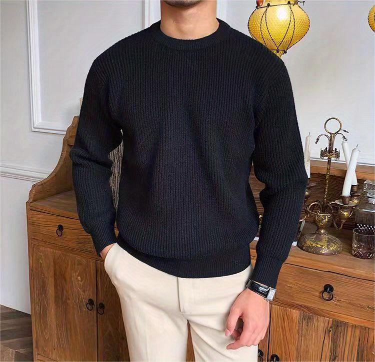 Product Introduction of Warm Texture Knitted Sweater, Men's Casual Solid Color Slightly Stretch Round Neck Pullover Sweater For Fall Winter 6