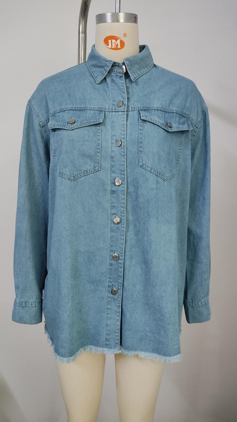 Product Introduction of 2025 new women's washed raw edge denim long sleeve lapel top 12