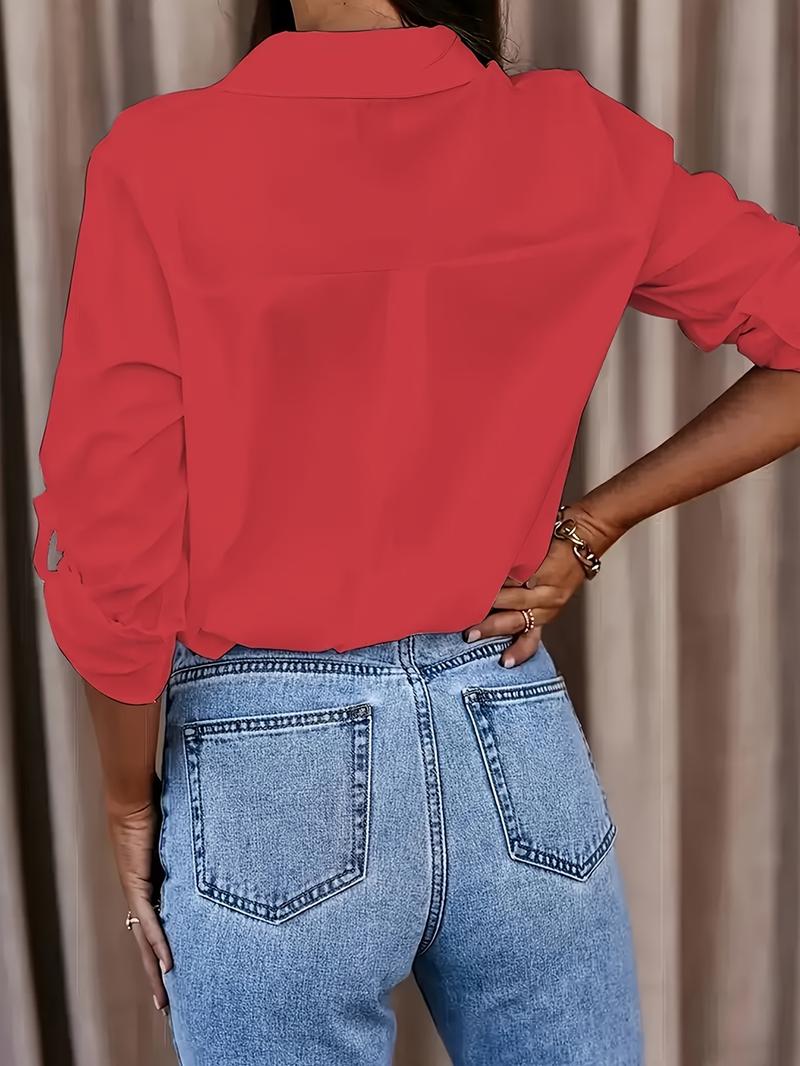 Product Introduction of Solid Button Front Shirt, Casual Turn Down Collar Office Work Shirt, Women's Clothing 8