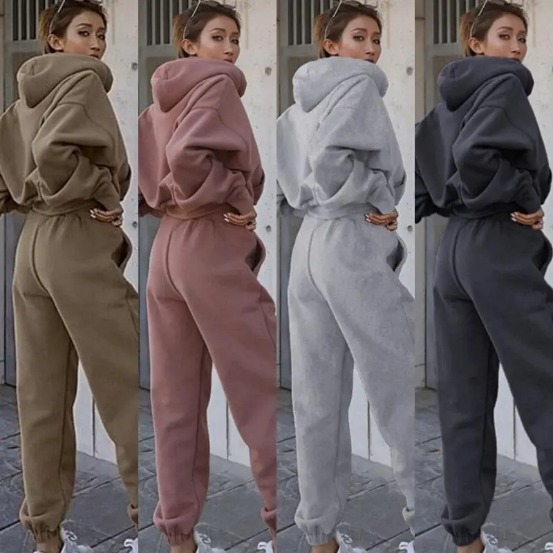 Women Sports Two Piece Sets Hoodie Trousers Solid Color Hooded Pants Outfits Sweatshirt Suit 2025 Autumn Winter Tracksuit