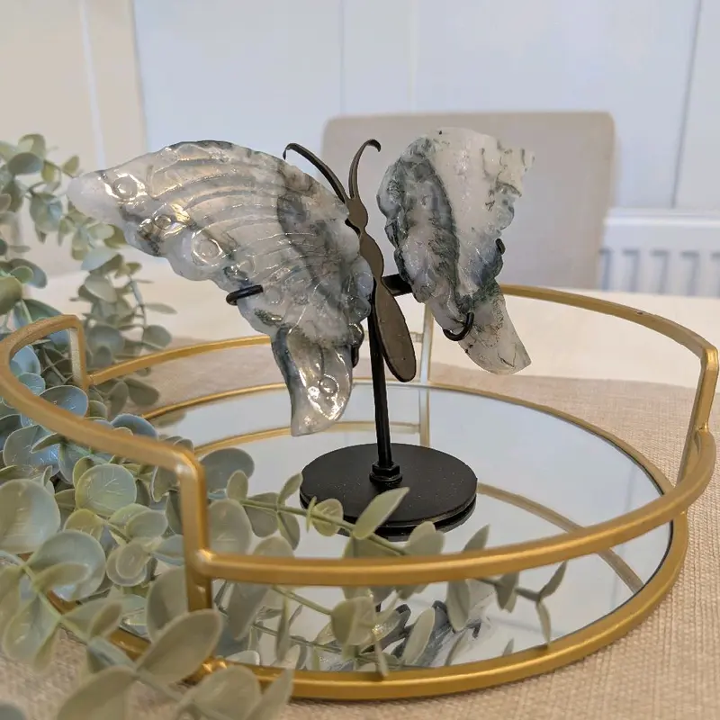 Stunning Moss Agate Butterfly Wings with Stand 4