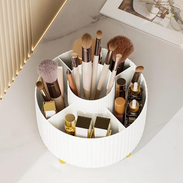 360 Rotating Makeup Organizer - 1pc Plastic Cosmetic Storage with 5 Compartments - Multi-Functional Holder for Brushes, Lipsticks, Skin Care Products, and Stationery - Durable Unscented Desk Caddy with Luxury Stripe Design Boxes black 8