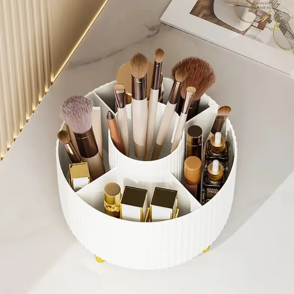 360 Rotating Makeup Organizer - 1pc Plastic Cosmetic Storage with 5 Compartments - Multi-Functional Holder for Brushes, Lipsticks, Skin Care Products, and Stationery - Durable Unscented Desk Caddy with Luxury Stripe Design Boxes black 7