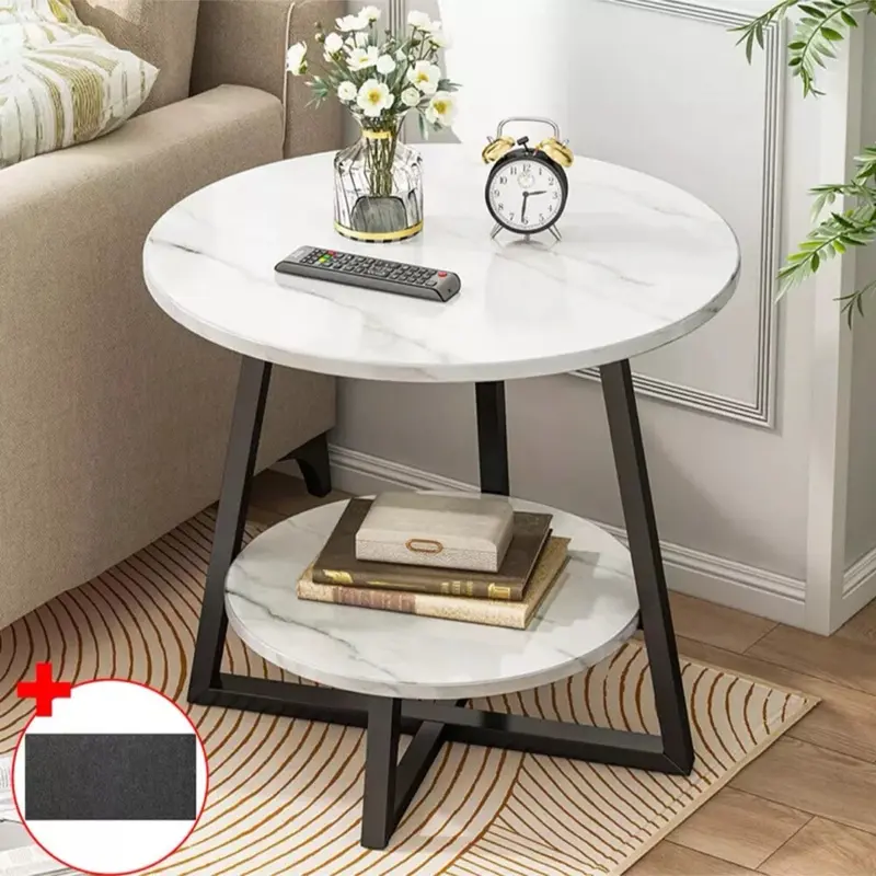 Round 2 Tier Coffee Table Side Table White Marble Effect End Table for Living Room