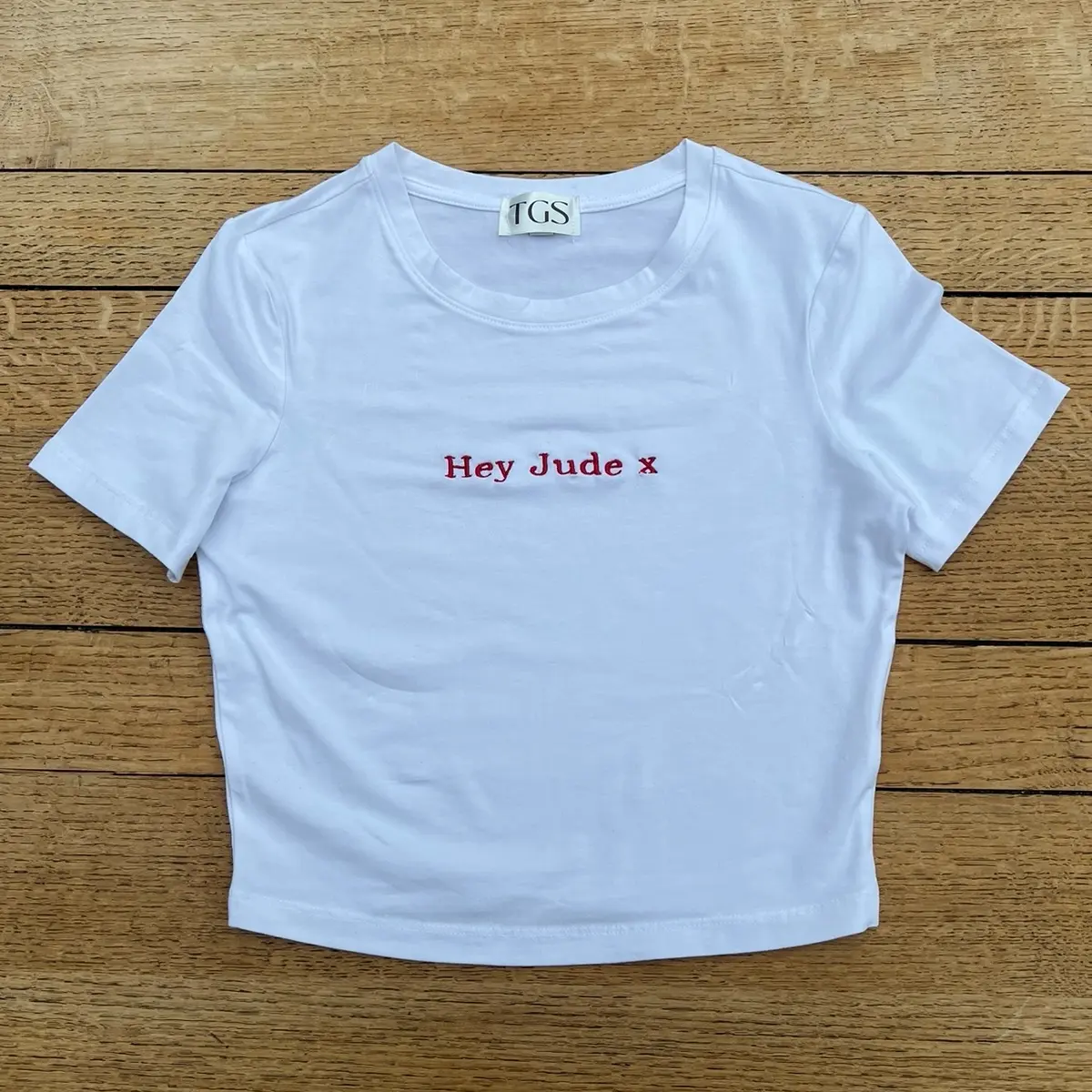 Hey Jude x embroidered crop top, baby tee, womens Womenswear Summer Tshirt Shortsleeve Casual Crewneck Round Neck