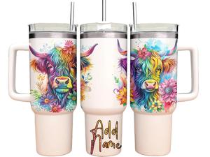40oz Tumbler with Straw- Rainbow Highland Cow -Personalised  with a name gift for her vacuum flask drinking cup for hot and cold drinks