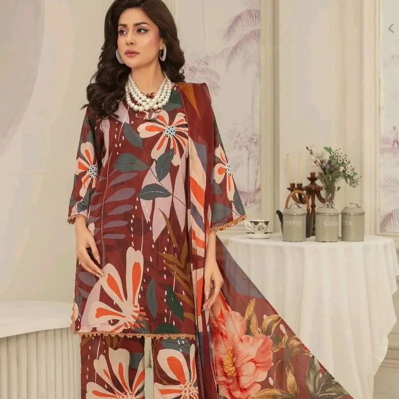 Rajwan Lawn Digital Printed 3pc unstitched Brown 3.5 m with chiffon dupatta 0