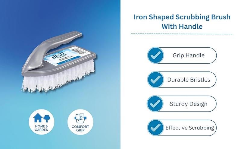 Product Introduction of Iron Shaped Scrubbing Brush with Curved Grip Handle, Durable Fibres, Ergonomic Shape, Deep Cleaning, BPA Free, Silver 7
