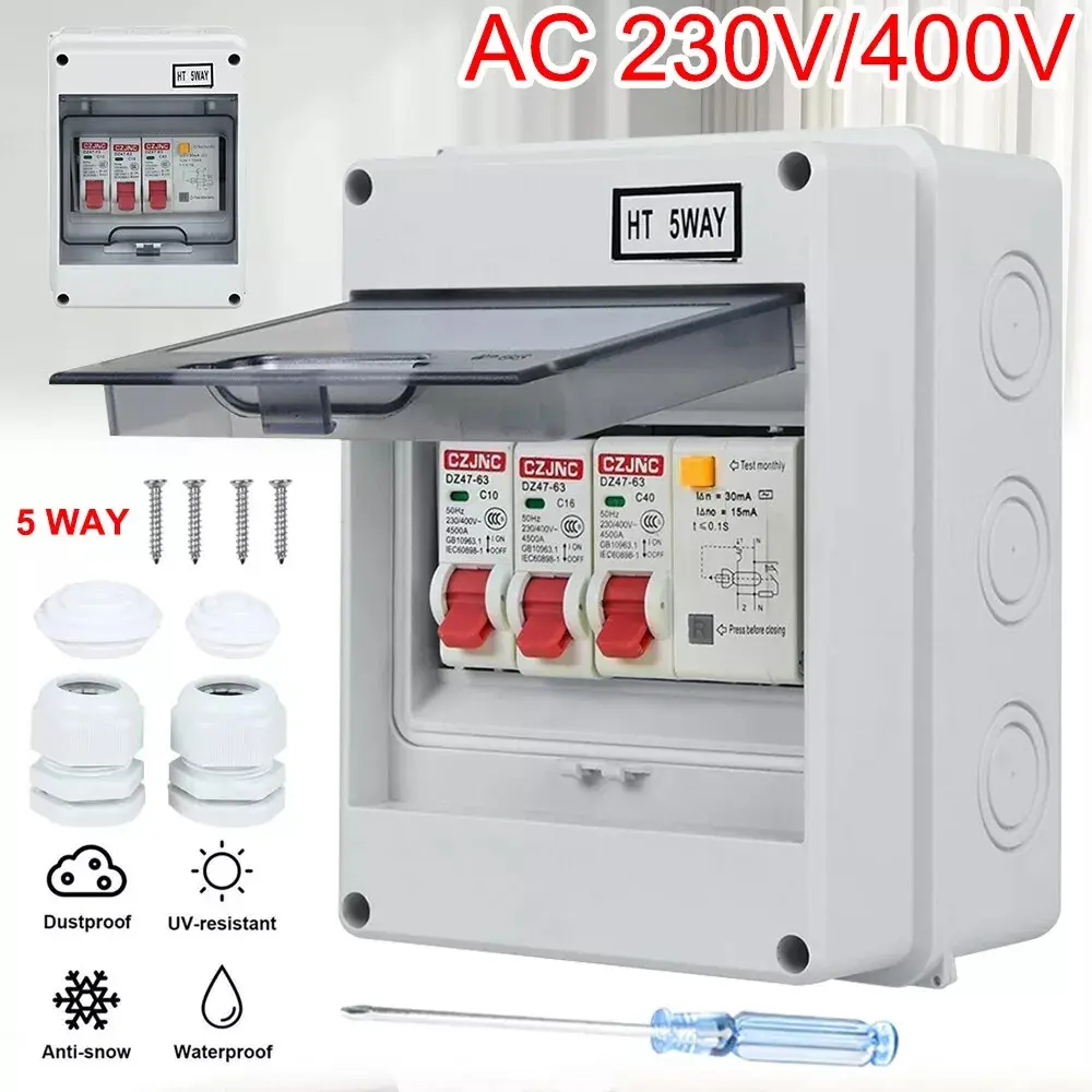 5 Way Garage Shed Camper Van Caravan Consumer Unit Fuse Box with RCD and 2 x MCB