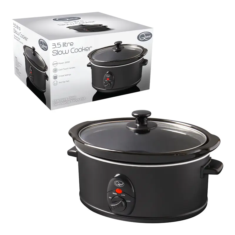 Quest - 35279 3.5 Litre Slow Cooker - Compact Stainless Steel - 3 Temperature Settings - Transparent Toughened Glass Lid - Dishwasher Safe Bowl - Black Colour - 200W 0