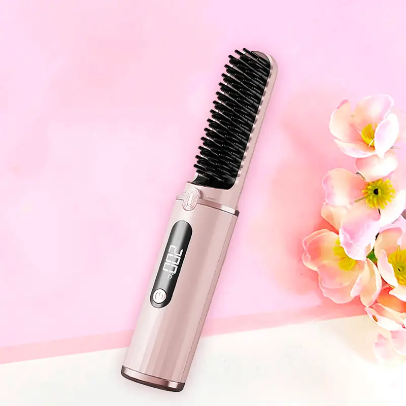 Portable Wireless Recharging Hair - Straightening Comb - Straightener Brush Hot Comb Cordless Lightweight Adjustable 0