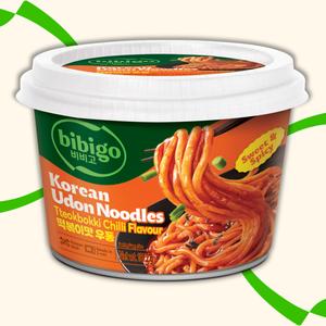 bibigo Udon Noodles Tteokbokki Chili Flavour, Big Bowl 187g - Korean-Style Udon, Instant Cup Noodles, Instant Food, Spicy Ramen Noodle Ramyun