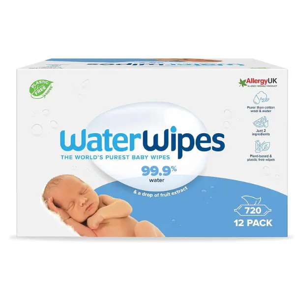 WaterWipes Plastic-Free Original Baby Wipes, 99.9% Water Based Wipes, Unscented for Sensitive Skin, 720 count (Pack of 12)