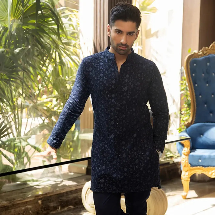 Navy blue embrdry kurta detail with sequnce and row silk trouser Menswear Pyjamas