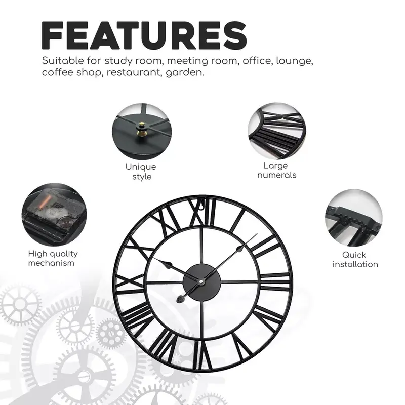 Large Black Metal Wall Clock with Vintage Look and Silent Roman Numerals for Home Decor 3