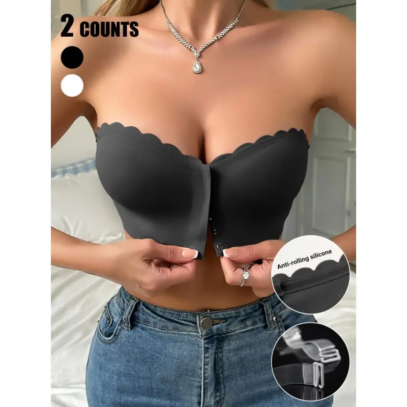 Women's Solid Scallop Trim Hook & Eye Front Wireless Bandeau Bra, Comfortable Breathable Seamless Strapless Bralette for Daily Wear, Lingerie Top for All Seasons Womenswear Bridal Basic Black Minimalist 1