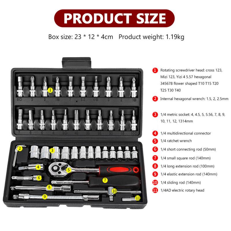 Product Introduction of 46 PCS ratchet set with socket 1/4" drive and extender, boxed, for automotive UK 5
