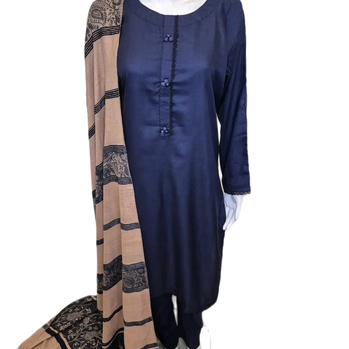 Navy Dhanak (Winter Fabric) Suit With Shawl