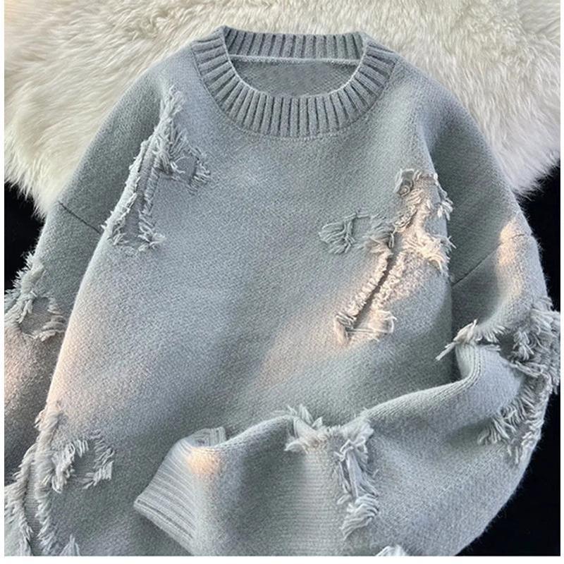 2025 Autumn and Winter Sweater Men's New Retro Ripped Tassel Loose All-match Knitted Sweater Pullover Long Sleeve Pullover Knitwear Menswear Tops Longsleeves Crewneck Round Neck Lawn Beige Casual Plain 4