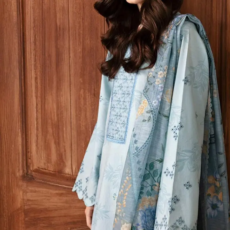 WomenRepublic Calendula Dress in Stone Blue with Self Jacquard and Monar Silk Dupatta Embroidered Casual Printed Summer 100% ORIGINAL 3
