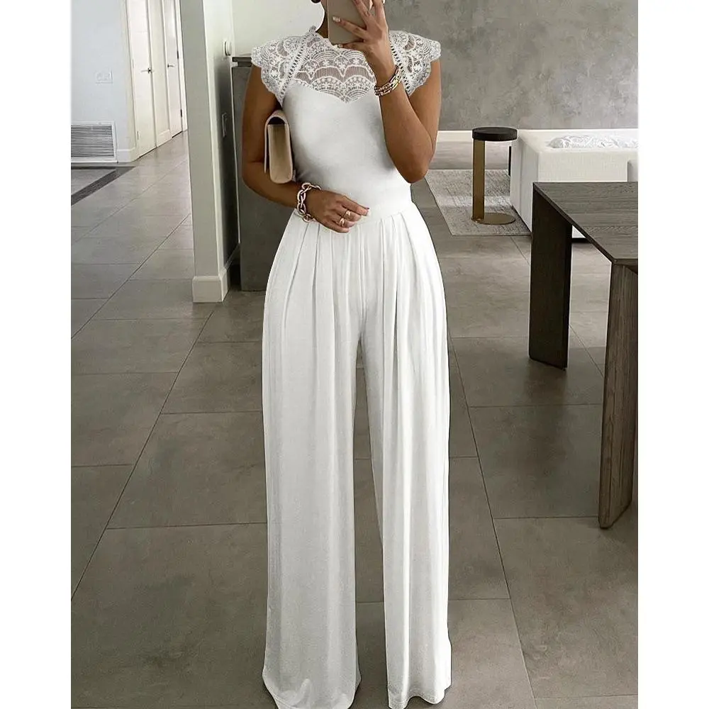 Trendy Solid Color Jumpsuit Fashion Hot Sale Loose Casual Lace Trim Jumpsuit Womenswear Overalls Comfort Sleeveless Basic Minimalist Baggy Black