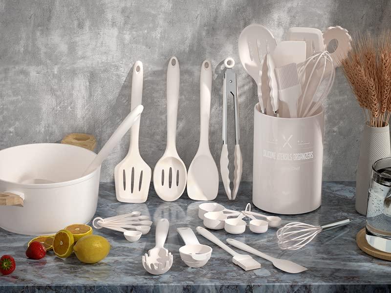 Silicone Kitchen cooking Utensils Set, 22 Pcs Heat Resistant Khaki Cooking Utensils Set, Turner, Tongs, Spoon, Spatula, Kitchen Gadgets Tools Set For Nonstick Cookware 1