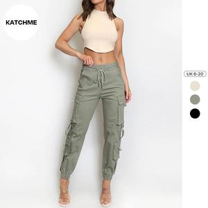 KatchMe Women's Solid Color Multi-Pockets Casual Cargo Pants(Size 6-20) (B),Chic Elastic Waist Drawstring High Waist Cargo Trousers,Street Womenswear