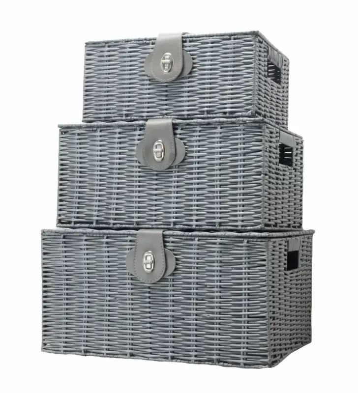 SET OF 3 RESIN WOVEN WICKER XMAS HAMPER BASKET STORAGE BOX WITH LID & LOCK GIFT 2