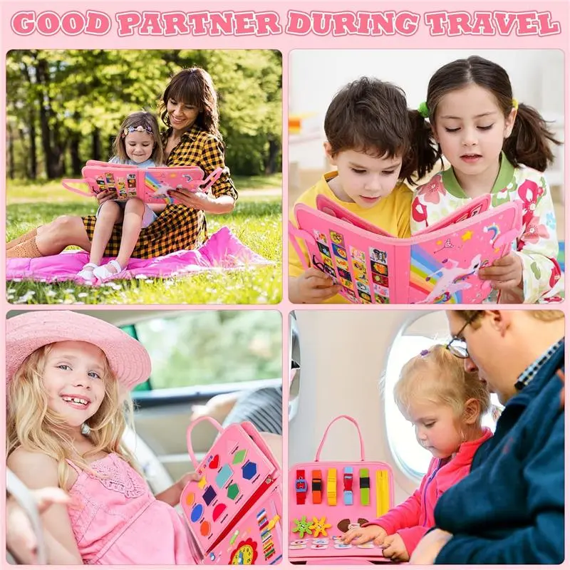 Busy Board for Toddlers, 34 IN 1 Montessori Toys Sensory Activities Preschool Educational Toys for Learning Fine Motor Skills for 2 3 4 5 6 Years, Travel Toys on Plane for Girls Gift - Pink/Unicorn 6